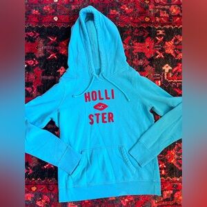 Vintage Y2K Hollister Hoodie – Turquoise Blue with Red Logo Cotton (Size L)